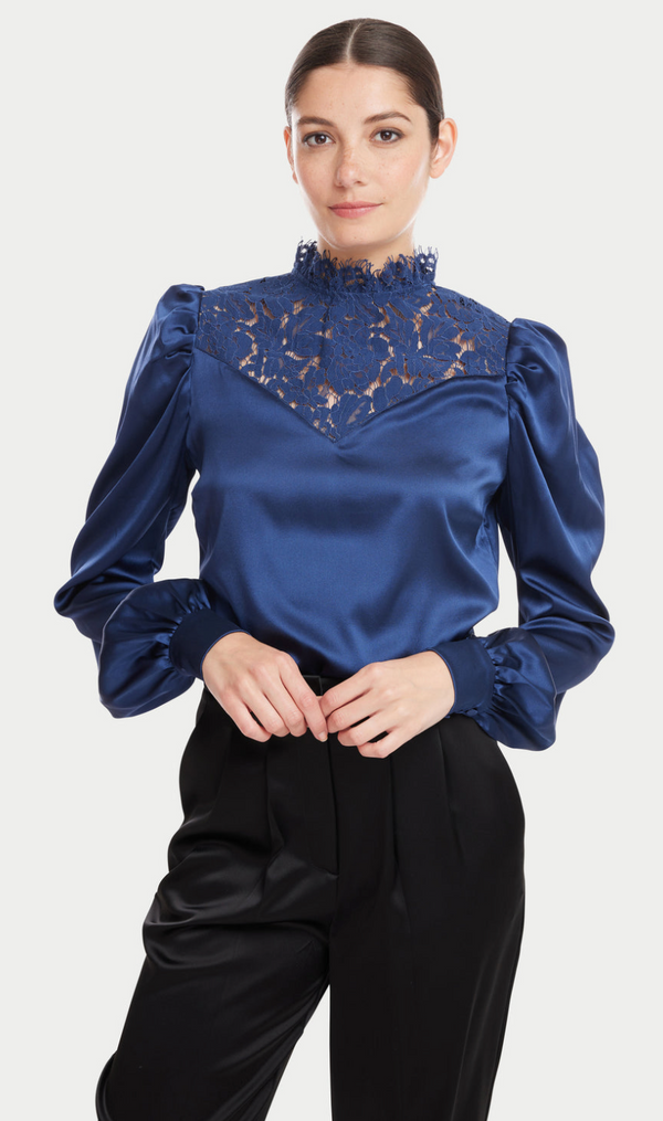 Libby Lace Combo Blouse Navy